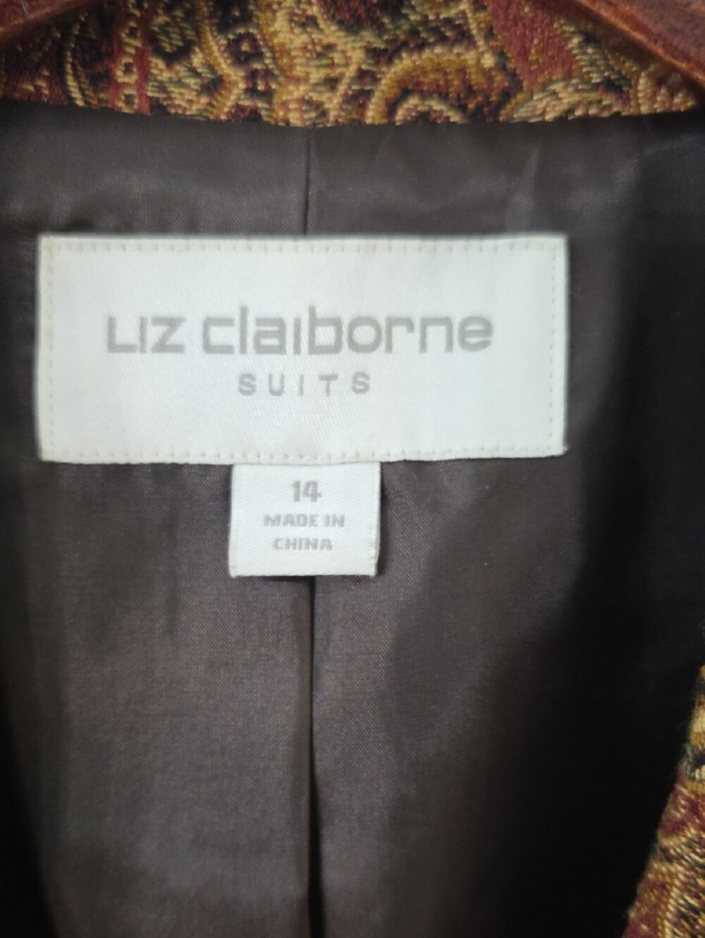 Liz Claiborne Brown & Gold Paisley Long Blazer - Picture 2 of 8